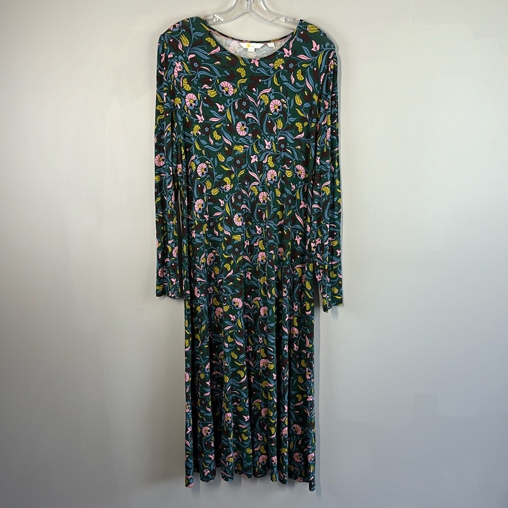 Boden Green Floral-Print Midi Dress with Pink, Teal, Yellow and Brown Accents - Picture 2 of 14